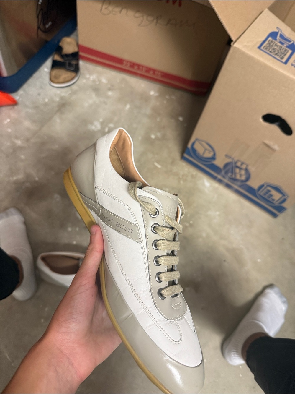 Hugo Boss Cream and Tan Leather Low-Top Sneakers